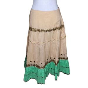 Vintage Y2K Hazel Maxi Hippie Maxi Peasant Skirt Womens Size L Tan Multi